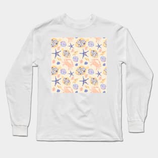 Floral nautical sea creature pattern, flounder, crab, starfish, shells, coral cream background Long Sleeve T-Shirt